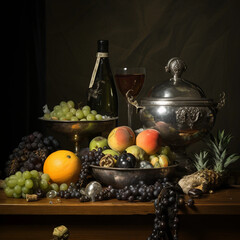 Poster - a bunch of grapes next to a bunch of fruit and wine