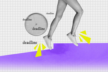 Poster - Creative abstract template collage of girl legs running walking freelancer manager deadline time clock weird freak bizarre unusual fantasy