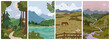Forest mountains lake steppe field river hills poster, flat cartoon vector illustration. Forest with wild animals, deer and horse on field, pathway road and high hills, sky, sun and moon