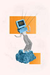 Poster - Vertical collage creative illustration monochrome effect caricature headless monitor computer retro pose stand rock unusual template