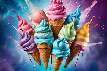 Wall Mural - Ice cream melting in a waffle cone, bright and colorful background, product photography, whimsical and playful. Big Summer Ice Cream Party