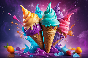 Wall Mural - Ice cream melting in a waffle cone, bright and colorful background, product photography, whimsical and playful. Big Summer Ice Cream Party