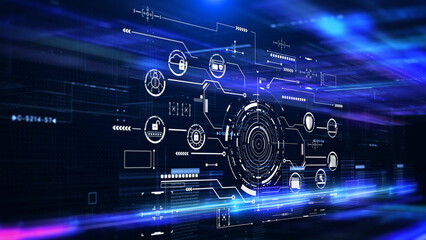 Fototapete - Technology data protection cyber security on digital data background. HUD circular with padlock privacy secure concept illustration.