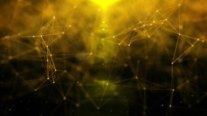 Leinwandbilder - Abstract low polygonal gold color network connection flowing structure with lens flare illustration background.