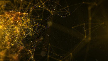Leinwandbilder - Abstract polygonal, low poly network connection structure spinning. Technology gold dots, lines mesh flowing in golden space with lens flare flickering illustration background