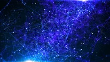 Leinwandbilder - Abstract technology of low poly triangle shape with dots and lines network dynamic on blue cyber space illustration background.