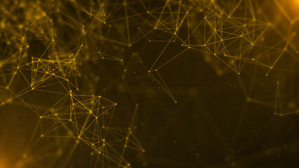 Leinwandbilder - Abstract polygonal, low poly network connection structure spinning. Technology gold dots, lines mesh flowing in golden space with lens flare flickering illustration background