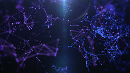 Leinwandbilder - Abstract digital low poly data network flowing illustration on blue lens flare background.