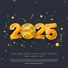 Wall Mural - 3D inscription 2025 with shiny golden disco ball and golden elements - new year card