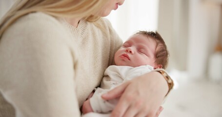 Poster - Family, kiss and a mom rocking her baby to sleep in the bedroom of their home together for love or care. Dreaming, nap or tired with a mama and newborn infant in an apartment to rest for growth