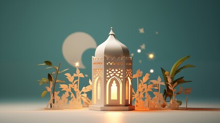 Wall Mural - 3d paper cut art illustration of lantern for ramadan kareem, eid al fitr and al adha mubarak greeting banner. islamic greeting cover card