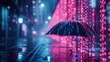 Matrix of neon code rain falling on a digital umbrella.