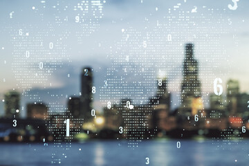 Wall Mural - multi exposure of abstract graphic coding sketch and world map on blurry skyscrapers background, big