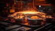 pouring molten metal to casting mold. Tank pours liquid metal at the steel mill. Blast furnace, cast iron production. Metal poured out of the metallurgical furnace. 