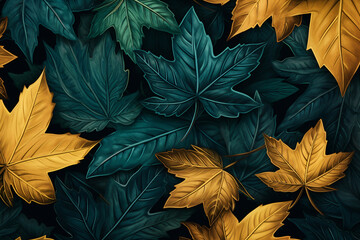 Wall Mural - autumn leaves green autumn leaves golden leaves autumn leaves seamless pattern seamless pattern, light gold and dark blue