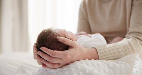 Wall Mural - Newborn baby, mother and hands on hair with love to touch, mama connection and safety on bed. Motherhood, infant and trust bond with care in child growth, support and relax together in family home