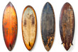 Collection of vintage wooden fishboard surfboards isolated on white background, with clipping path. Retro styles and nostalgia. Suitable for beach and water sports-related content.