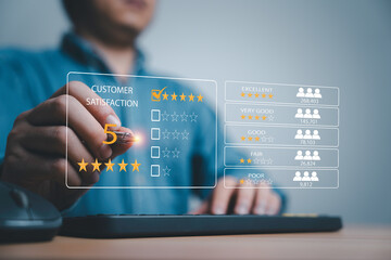 Poster - Client use pen to tick select excellent five stars rating on virtual screen for customer online evaluation after use product and service concept.