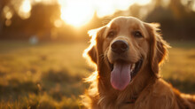 Happy Golden Retriever Puppy Playing In A Beautiful Park Field