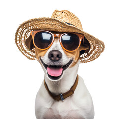 Funny dog wearing sunglasses and hat isolated on transparent summer concept 