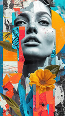 Wall Mural - Modern flat collage: Assorted elements converge, forming a fresh image with face, flowers, abstract shapes, and color accents.