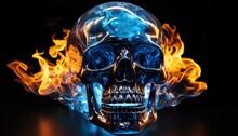Blue Glass Textured Skull Against Fire Background