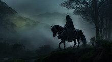 Weather Nazgul On The Raven Horse In Night Rainy Forest 