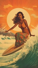 Desi Surfer Girl Riding A Wave. Asian Surfer Girl Retro Vintage Style Painting. Generative Ai