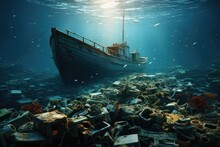 Exploring The Depths, A Scuba Diver Uncovers A Shipwreck As A Lone Boat Glides Gracefully Through The Sparkling Blue Waters