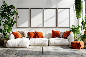 Four empty vertical picture frames in a modern living room with white sofa, orange pillows and plants, wall art mockup set of 4 posters.