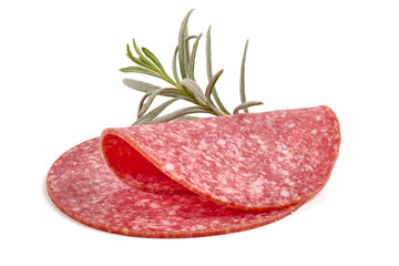 Wall Mural - Salami slices isolated on white background.