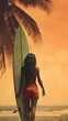 Surfer girl posing with the surfboard on the tropical sandy beach rear view. dark skin surf woman's back with surfboard stands still. Generative ai