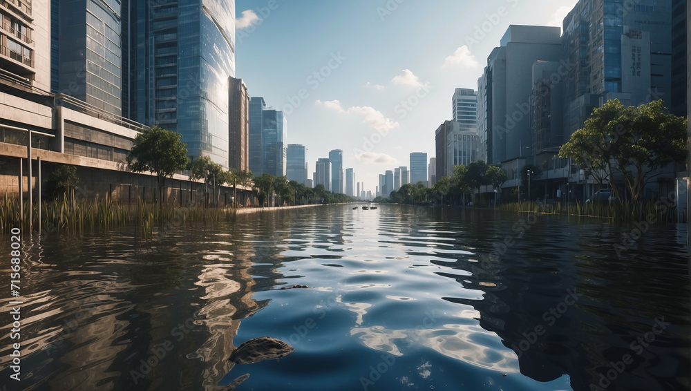 Coastal city experiencing flooding from rising sea levels with ...