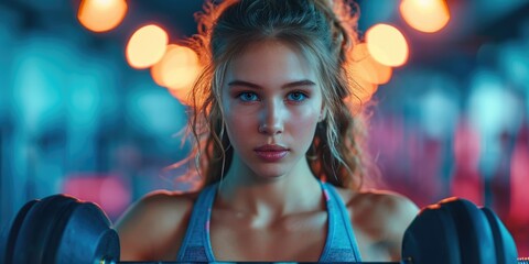 A gorgeous woman in sports uniform with light dumbbells is doing fitness