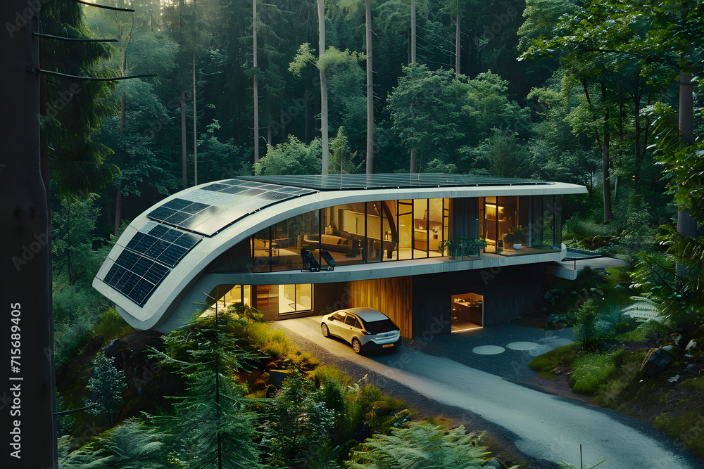 View of Modern zero energy house in the forest. Green technology. Electric ...