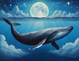 surrealistic whale underwater, the night sky with moon, starry sky. Good for postcards, story book, poster, book cover, nursery and canvas. Generative AI