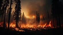 Devastating Wildfire Engulfs Forest At Dusk
