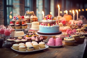 A table filled with a variety of delicious birthday desserts, from cakes to cookies and cupcakes, a sweet delight.