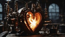 Antique Clock Mechanism  A Steampunk Heart On Fire. The Heart Is A Metal Device That Is Powered By A Steam Engine 