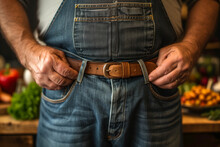 Close-up Of A Man Fastening A Brown Leather Belt