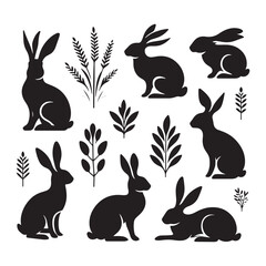 Poster - Mystical Meadows: A Whimsical Collection of Rabbit Silhouettes in Nature's Enchantment - Rabbit Illustration - Bunny Vector
