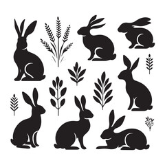 Sticker - Mystical Meadows: A Whimsical Collection of Rabbit Silhouettes in Nature's Enchantment - Rabbit Illustration - Bunny Vector
