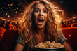 Happy young blonde woman laughing, eating popcorn and watching a comedy movie in the cinema