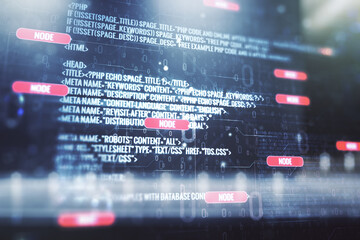 Wall Mural - abstract virtual coding illustration on blurry contemporary office building background, software dev