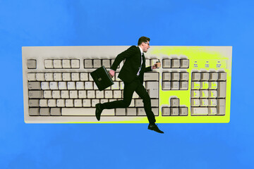 Canvas Print - Collage creative poster illustration serious businesslike successful young man run hurry jump large keyboard wireless blue background