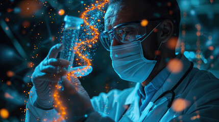 Wall Mural - doctor and medical assistant robot analysis and testing result of dna on modern virtual interface, s