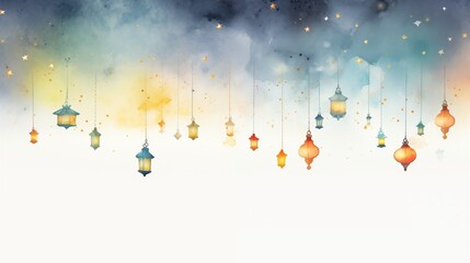 Wall Mural - lantern Light Lamp watercolor illustration. oil painting Islamic Ramadan Kareem, iftar festival or Eid Mubarak banner background