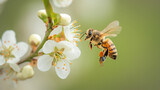 Abeille en vol s'apprêtant à atterrir sur une fleur de pommier en macrophotographie