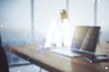 Wall Mural - creative artificial intelligence symbol concept with modern laptop on background. multiexposure