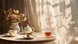Morning Tea Set in Soft Sunlight with Sheer Curtains
